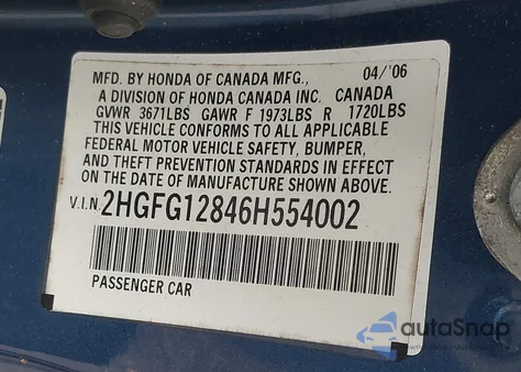 2006 Honda Civic Ex из США, поврежденный, VIN 2HGFG12846H554002